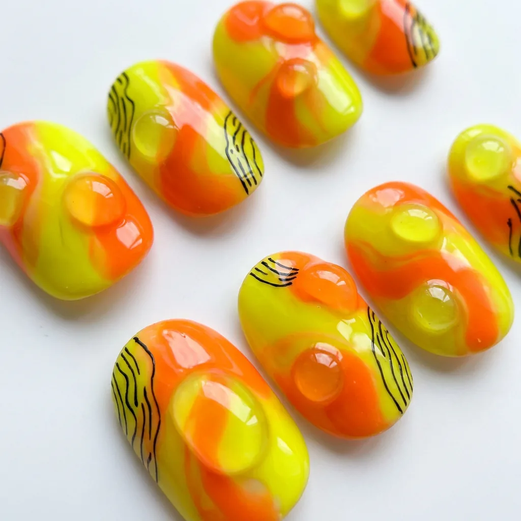 ネオンイエローとオレンジのぷっくりニュアンスネイル
