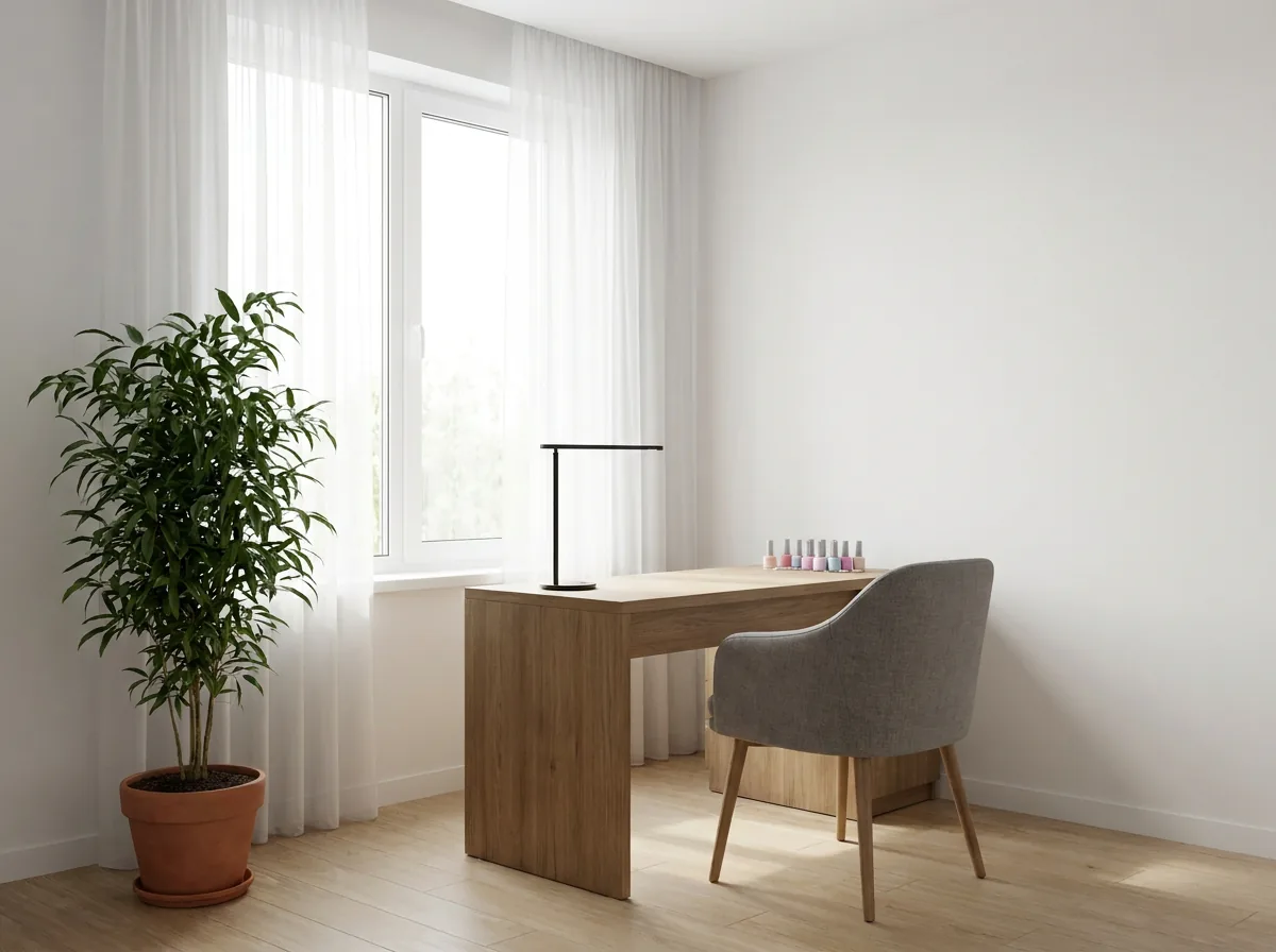 白い部屋に木のデスクとグレーのチェア、窓辺の観葉植物